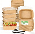 50 Pack Disposable Meal Prep Containers, 19oz Disposable Large Paper Bowls with Lids and Forks for Salad, Noodles, Freezer and Microwavable Storage Use Cardboard Food Containers