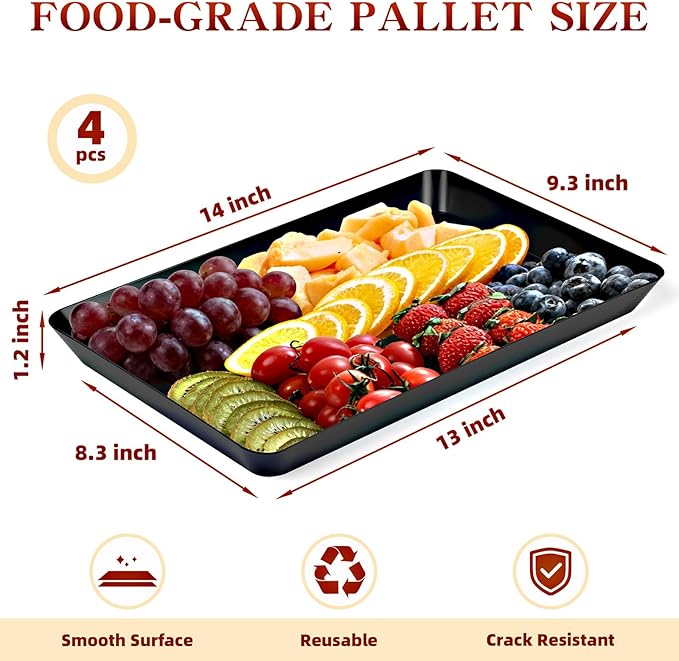 DCA 4 Pack Black Serving Tray for Entertaining,Grilling BBQ Accessories, Serving Platters for Snacks, Donuts, Appetizers, Desserts, Plastic Serving Trays for Party and Household Organization‌