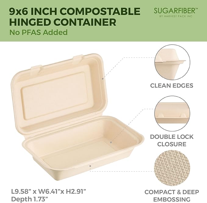 [50 COUNT]Harvest Pack PFAS FREE 9 X 6" Compostable Clamshell Take Out Food Containers, Heavy-Duty Hinged Container, Disposable Bagasse Eco-Friendly Natural to go Food Box, 100% Sugarcane Plant