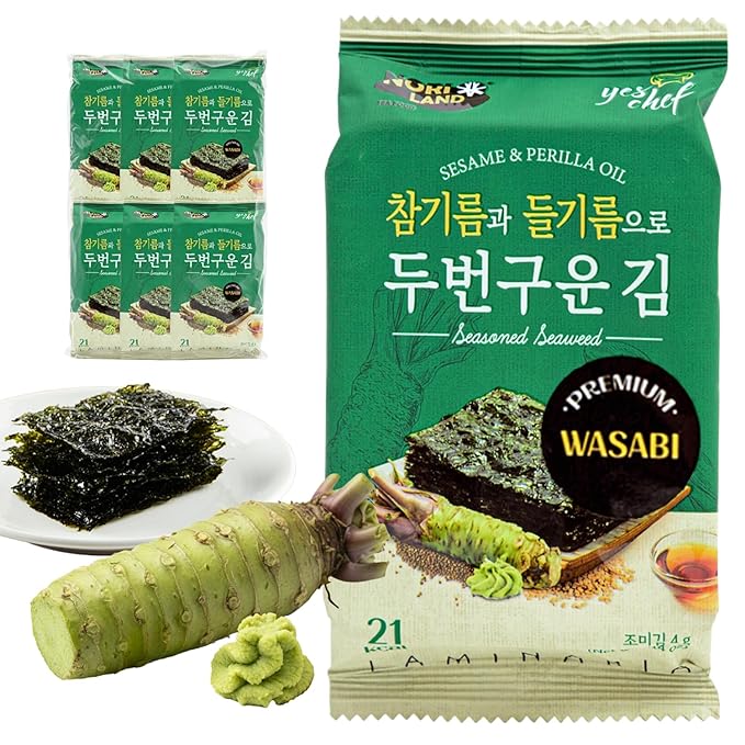 Kim’s Table Roasted Seaweed Snack – Korean Seasoned Spicy Seaweed Sheets, Light & Crispy, Healthy Low Calorie Gluten Free Vegan Snack, 6 Convenient Packs (0.14oz Each) (Wasabi) 와사비맛 한국 김