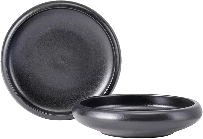 Uaral Japanese Salad Plate,8 Inch Black Plates and Bowls Set,Stoneware Pasta Bowl Set of 2,20 oz(Texture Matte Black)