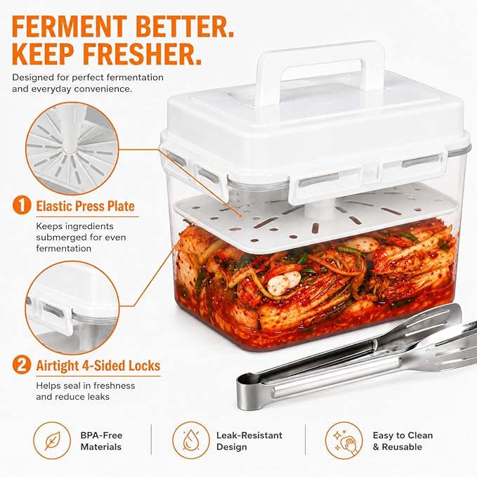 Kimchi Fermentation Container, Automatic Press Plate Sauerkraut Jar, Airtight Plastic Food Storage Container with Hidden Handle, Kimchi Making Kit, Clear Pickle Box for Home Kitchen, 5L/1.32gal