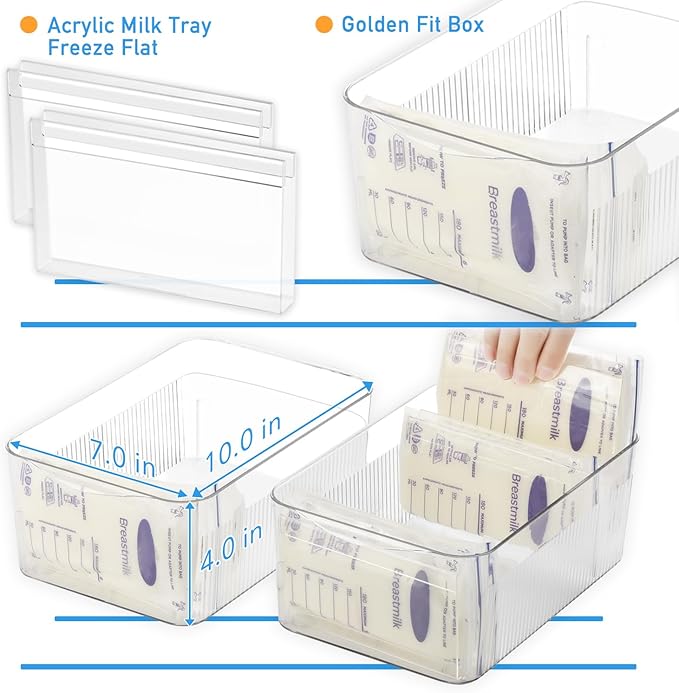 Ugotfeels Breastmilk Storage Container with Freezer Flattener Kit, Large Capacity Organizer Bins for Flattening Milk Bags, Save Refrigerator Space (2 Pack)