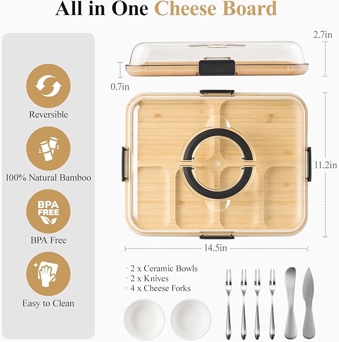 Charcuterie Board with Lid and Handle, Portable Travel Design Bamboo Cheese Board with Knife Set, Meat Fruit Serving Tray Platter, House Warming Gifts New Home, Gifts for Women, 6 Compartments