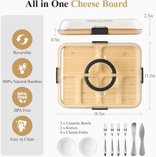 Charcuterie Board with Lid and Handle, Portable Travel Design Bamboo Cheese Board with Knife Set, Meat Fruit Serving Tray Platter, House Warming Gifts New Home, Gifts for Women, 6 Compartments