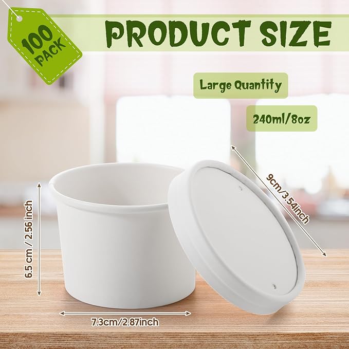 Fulmoon 100 Pack Paper Soup Containers with Lids Disposable Paper Food Containers with Vented Lid Kraft Ice Cream Cake Dessert Cups Soup Bowl for Party Hot Food Fruit Microwave(8 oz,White)