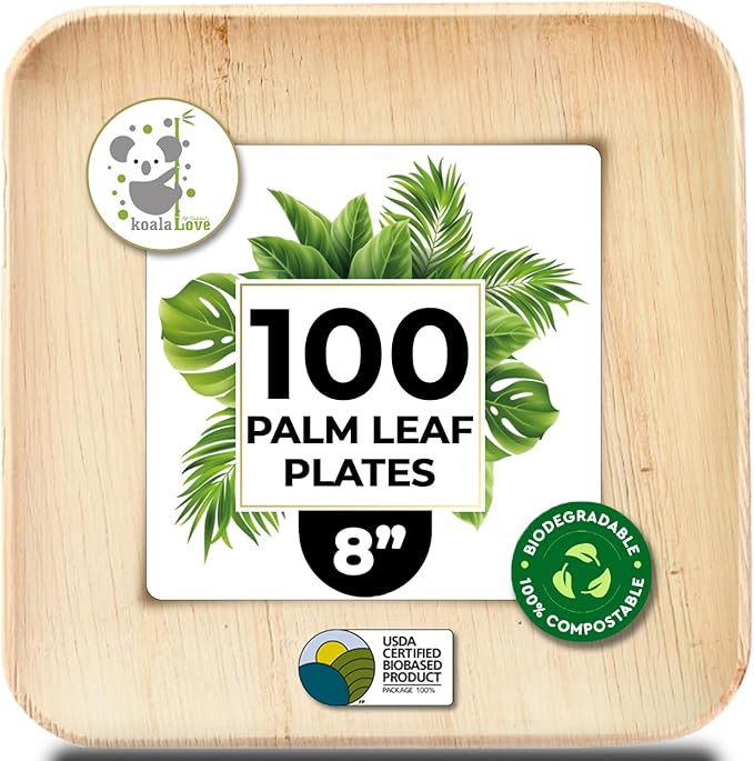 Koala love Palm Leaf Plates Bamboo Plates Disposable Square 8 inch 100 Bulk Party Pack Elegant Sturdy Design Better Than Paper and Plastic (KoalaLove-PLP-8IN-100-Plates)