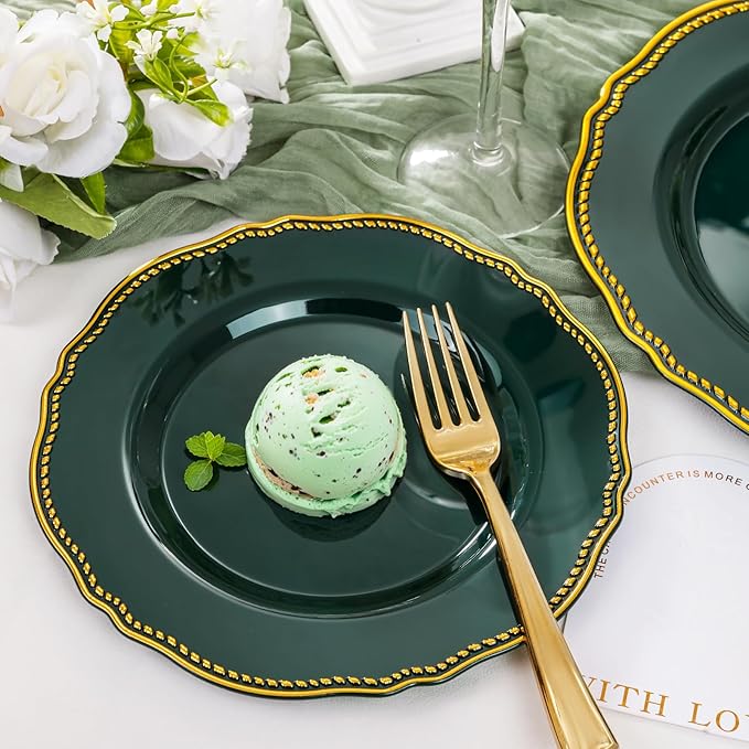 Hioasis 60pcs Green Plastic Plates - Green and Gold Disposable Dinnerware with Gold Rim, Heavy-duty, 7.5 inch, Dessert Plates for Party & Christmas