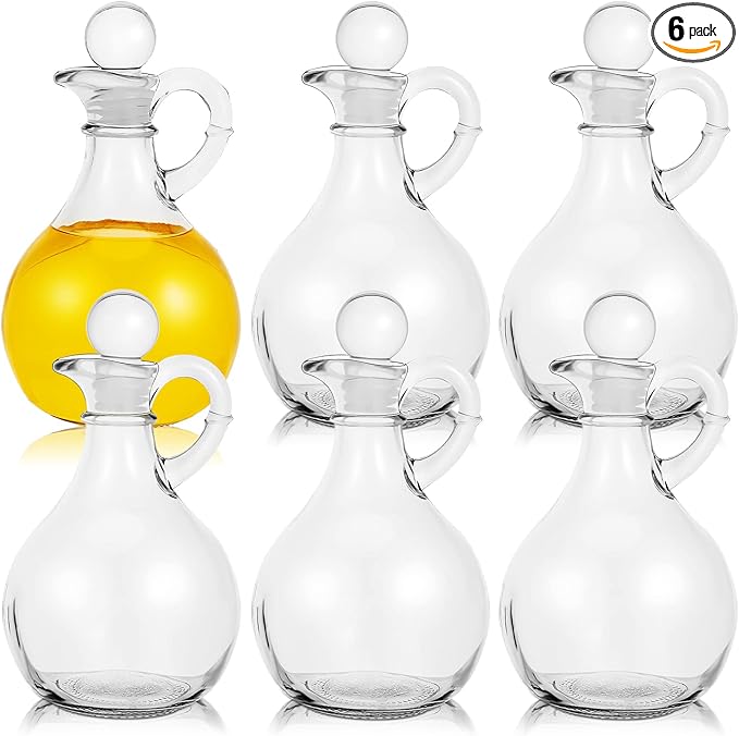 Suclain 6 Sets 12oz Glass Oil and Vinegar Cruets Set Round Oil Dispenser Olive Bottle with Airtight Stopper Salad Dressing Bottle Glass Condiment Container for Kitchen Homemade Syrup Olive Condiment
