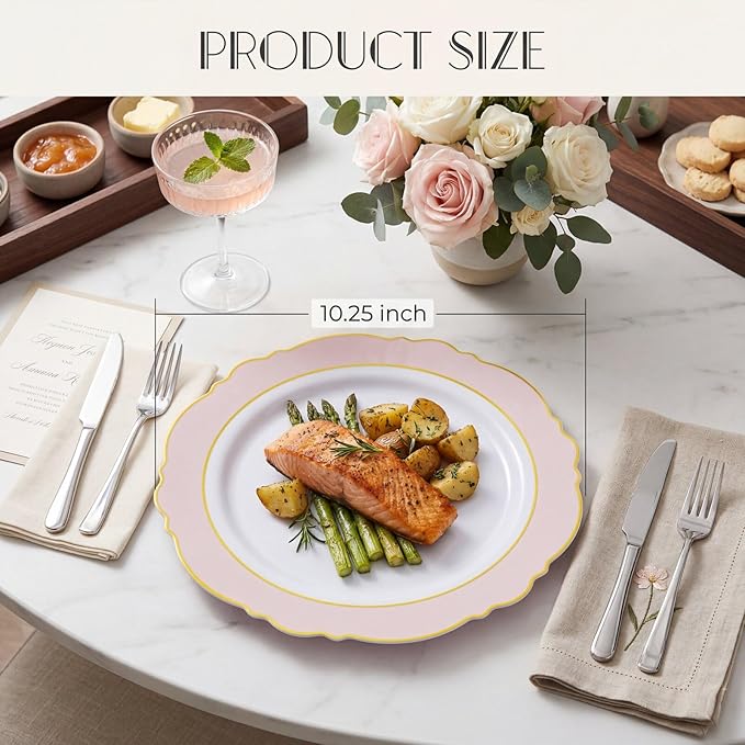 WDF 60pcs Pink Plastic Plates - 10.25inch Baroque Pink And Gold Disposable Dinner Plates for Upscale Parties -Special for Baby Shower/Birthday/Weddings