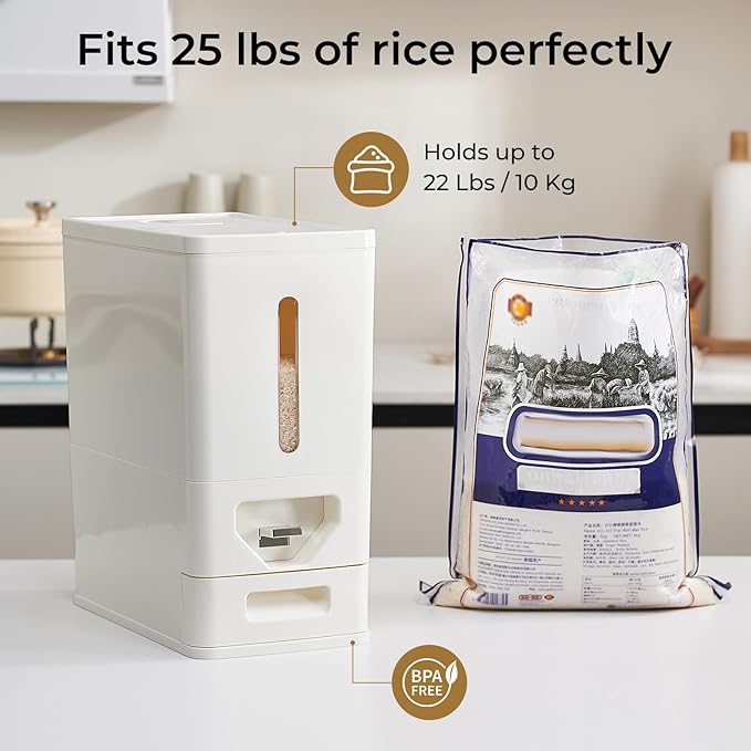UFORU Rice Dispenser 22-25 Lbs (12kg), Rice Storage Container Sealed Moisture-Proof with Built-in Drawer, BPA-Free for Kitchen Pantry Household, Ideal for Rice, cereals, Beans, and Dry Food