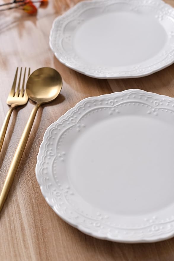 8 Inch Porcelain Dessert Plates Set of 6,Appetizer Plates,White,Embossed,Heat Resistant,Scratch Resistant,Highly Glossy Glaze,Dishwasher safe (Picapica 8‘’)