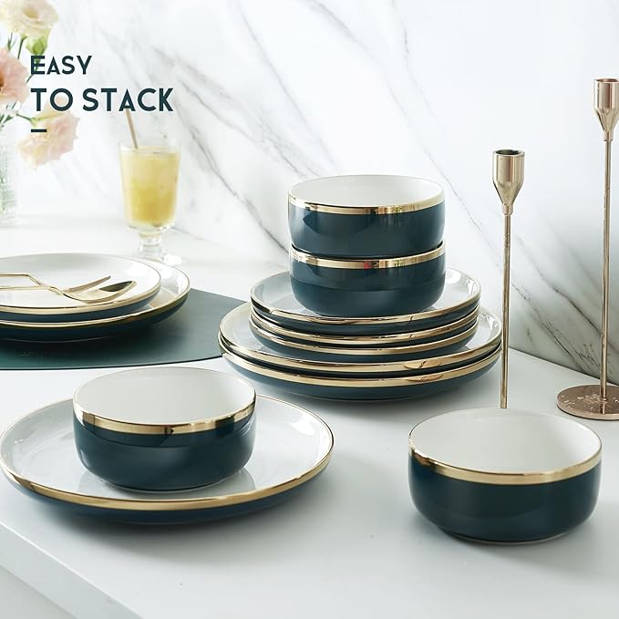 Pokini Porcelain Dinnerware Sets, 12 Piece Luxury China Plates and Bowls Sets, Green Dishes Set Gold Rim for Wedding Anniversary Birthday, Modern Dinner Plates Set