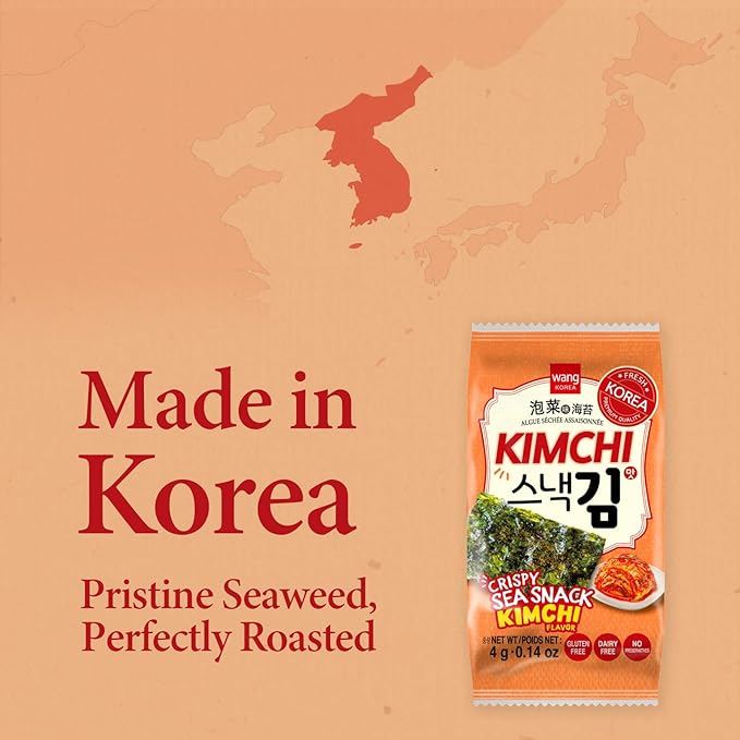Wang Korean Seaweed Snacks Kimchi Flavor - Crispy Roasted Seaweed Sheets, Healthy Sea Weed Snack, Keto, Vegan, Gluten-Free - Pack of 16