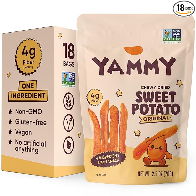 Yammy Chewy Dried Sweet Potato Sticks (18-Pack) - 1 Ingredient Healthy Asian Snack (Japanese, Korean, Chinese Super Food) - Nature's Gummy Candy - No Added Sugar, Vegan, Gluten-Free, 4g Fiber, 2.5oz