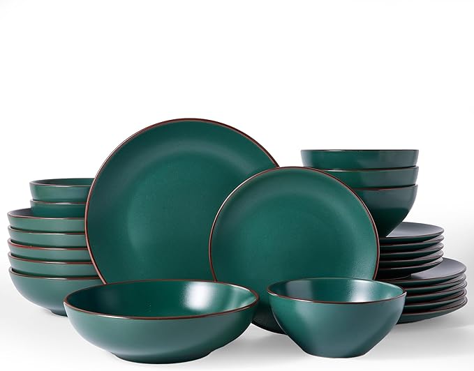 Famiware Venus Stoneware Dinnerware Set with Pasta Bowls for 6, 24-Piece Speckled Plates and Bowls with Trim, Matte Dark Green - Chip‑Resistant Dishes for Everyday & Formal, Microwave/Dishwasher Safe