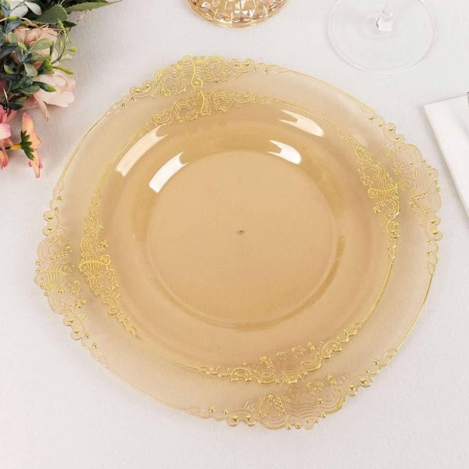 Efavormart 10 Pack | 8" Translucent Gold Baroque Dessert Plates, Leaf Embossed Metallic Rim Shatterproof Appetizer Plates for Festive Cocktail Hours