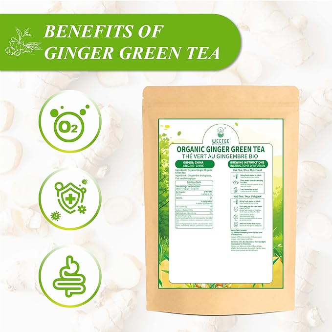 WT WEETEE Organic Ginger Green Tea Bags, Made of Green Tea with Ginger Roots, 100 Warm & Refreshing Low Caffeine Herbal Tea Bags