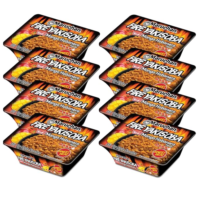 Maruchan Yakisoba, FIRE Mango Habanero Flavor – Stir-Fried Japanese Instant Ramen Noodles, High Protein Microwavable Meal – 3.93 Oz. (8 Pack)