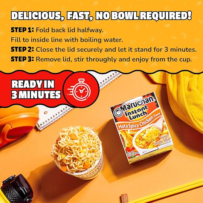 Maruchan Instant Lunch Ramen Noodles, Hot & Spicy Chicken Flavor – Japanese-Style Instant Noodle Soup, Easy Meal Ready in 3 Minutes – 2.25 Oz. (12 Pack)