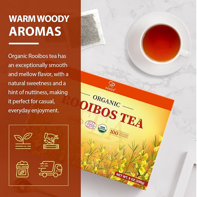 Soeos Organic Rooibos Tea, 100 Count (Pack of 1), Naturally Sweet Herbal Tea, Caffeine Free, USDA Organic, Red Rooibos Tea Bags, Farmed in South Africa 9oz (250g)