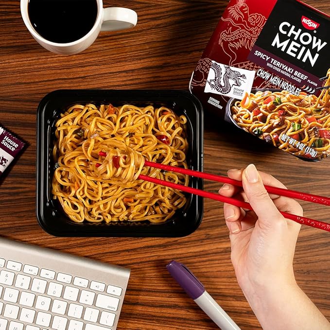 Nissin Chow Mein Noodles, Spicy Teriyaki Beef, 10g Protein, 4 Ounce (Pack of 8)