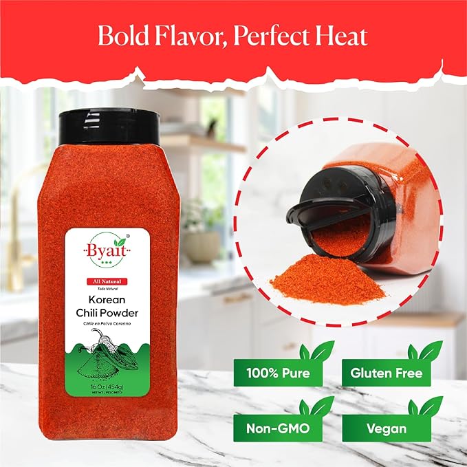 Byait Gochugaru Korean Chili Powder 16 Oz (1 LB), Medium Hot, 100% Pure Red Chili Pepper Flakes for Authentic Korean Cooking, Kimchi, and Spicy Seasoning