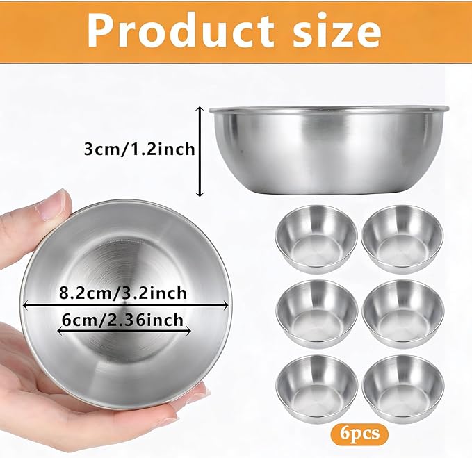 6 Pack Small Stainless Steel Bowl Mini Stainless Steel Bowls Sauce Dishes Metal Dipping Bowls for Side Dishes, Appetizer, Dips, Sushi, Snacks, Dishwasher Safe, Silver