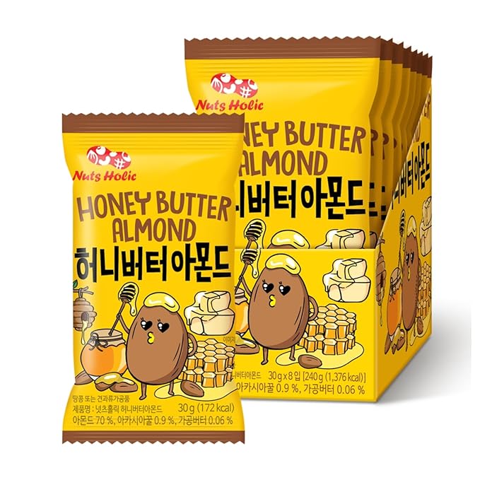Korean Food Nuts Holic Honey Butter Almond, Sweet & Savory Seasoned Almond Snack, 8 Packs 8.5 oz (1.05 oz Each)
