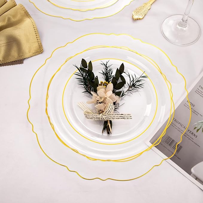 WDF 100pcs Clear Disposable Plastic Plates With Gold Trim - Baroque Clear Gold including 50PCS Dinner Plates 10.25inch and 50PCS Salad Plates 7.5inch for Wedding Baby Shower Spring Birthday