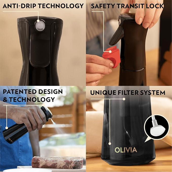 OLIVIA SIGNATURE Advanced Kitchen Oil Sprayer with Flairosol Technology, Fine Mist & Portion Control, Refillable Glass Cooking Spray Bottle, Anti-Drip & Leakproof, Air Fryer, Salad, BBQ, 200ml(Black)