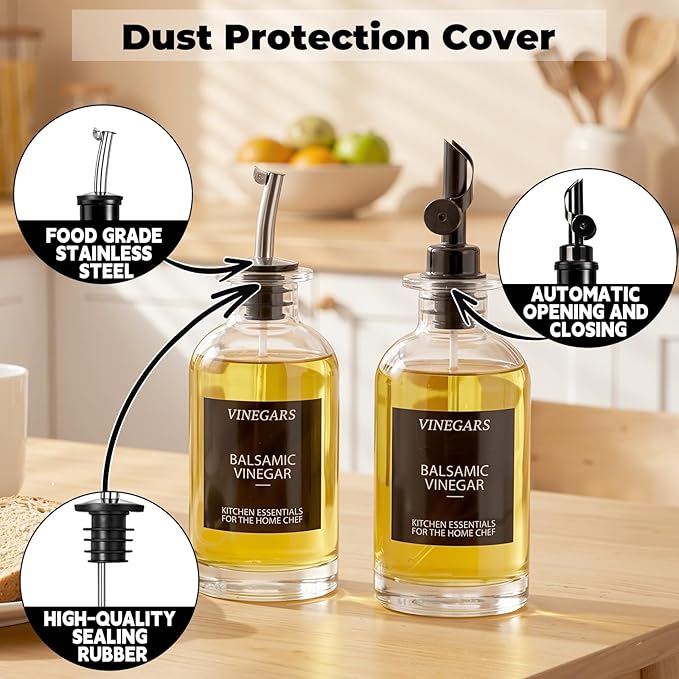 3PCS Olive Oil Dispenser Bottle For Kitchen, Soy Sauce Dispenser, Glass Oil and Vinegar Dispenser Set W. Wooden Tray & Labels & 3 Replacement Spouts, Coffee Syrup Dispenser(Clear)