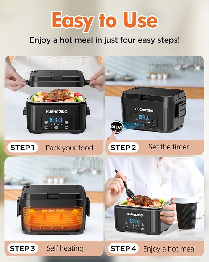 Hugmazing Cordless Electric Lunch Box for Adults, Men & Women – Rechargeable Self-Heating Food Warmer with 1.2L SS Container, Battery-Powered Heated Lunch Box, Perfect for Work and Travel Use