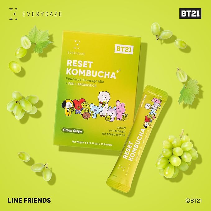 Everydaze BT21 Reset Kombucha Tea Powdered Beverage Mix | 10 Sticks | Prebiotics + Probiotics | Vegan | No Added Sugar, Gluten Free, Sparkling Powder Drink Pack (Green Grape) (Pack of 2)