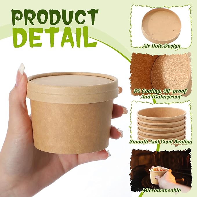 Fulmoon 100 Pack Paper Soup Containers with Lids Disposable Paper Food Containers with Vented Lid Kraft Ice Cream Cake Dessert Cups Soup Bowl for Party Hot Food Fruit Microwave (8 oz,Brown)