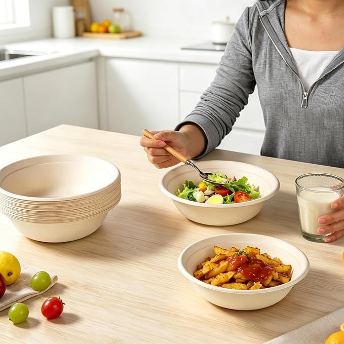 Dynta 110 Pack 32oz Paper Bowls, Large Compostable Disposable Bowls for Salads, Soups & Dog Feeding | Microwave & Freezer Safe(Natural Brown)