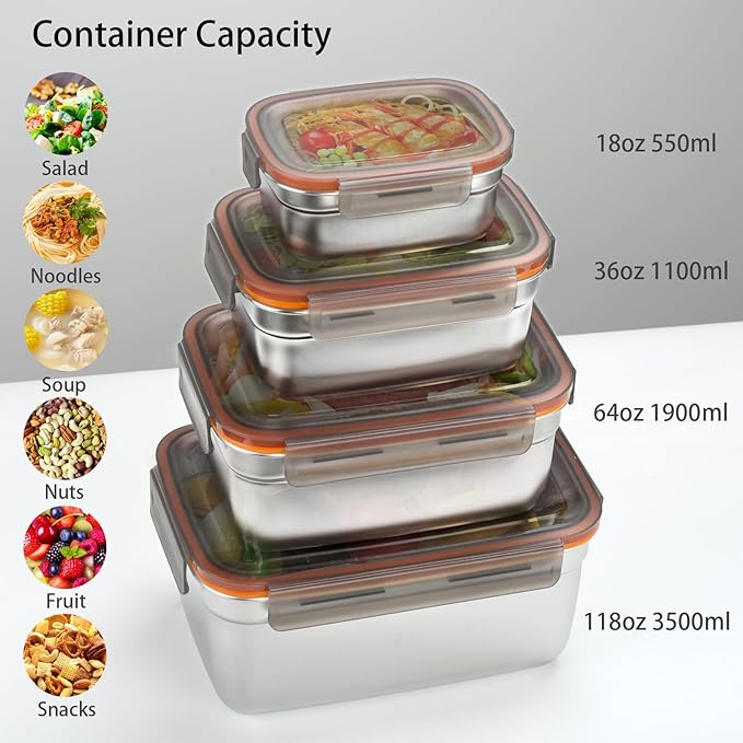 4 Pack Food Storage Containers with Lids, Stainless Steel Fridge Storage Containers Airtight Leak-Proof Metal Storage Containers for Food Leftover Storage at Home or for Camping Trip Road Trip