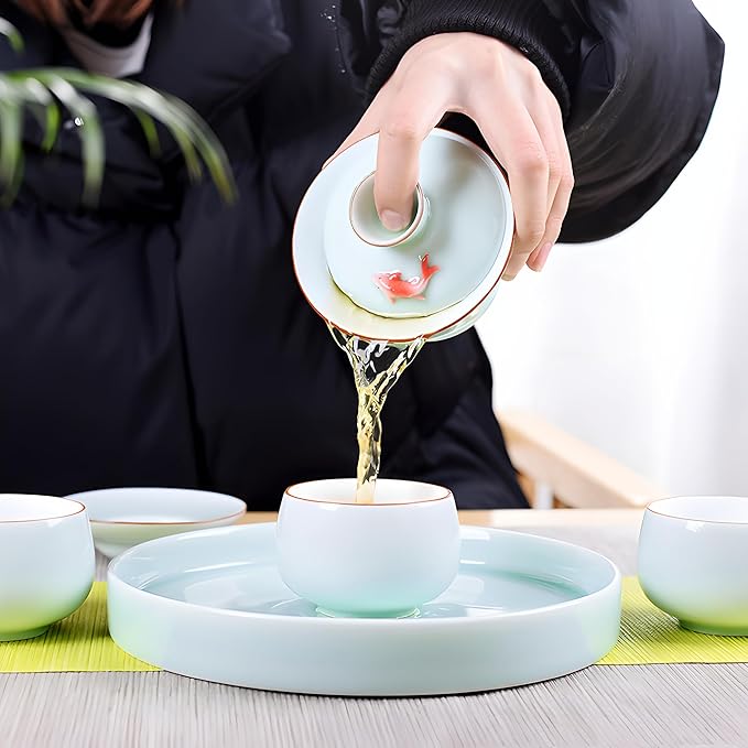 Yixing Handmade Celadon Colorful Koi Fish Gaiwan,Chinese Gongfu Tea Cup,Japanese Teacup, Tea Bowl with Lid and Saucer(Gaiwan)