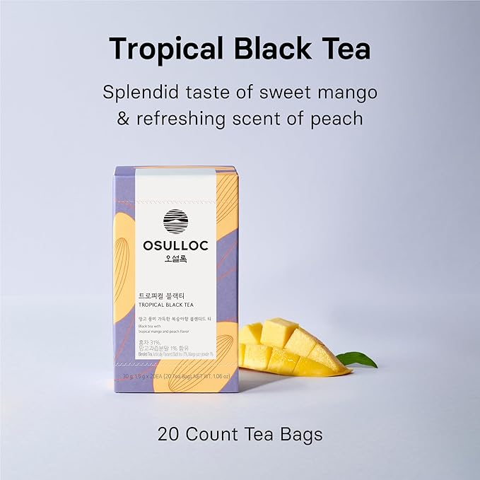 OSULLOC Peach Black Tea (Tropical Mango & Peach Flavor), Iced tea bags, Fruit tea Blend, Premium Teabags from Jeju Island, 20 count