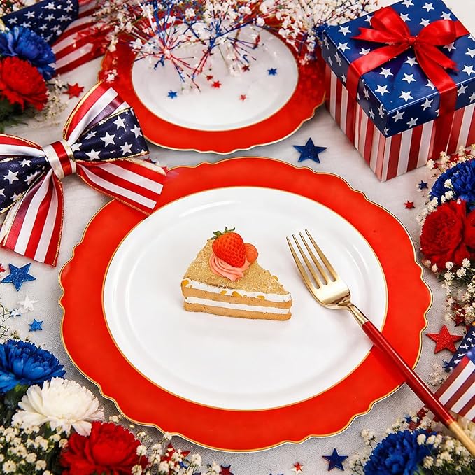 WDF 60pcs Red Plastic Plates with Gold Rim - 10.25inch Red Dinner Plates Disposable Plates for Mother's Day Wedding Party Birthday/Memorial Day/4th of July
