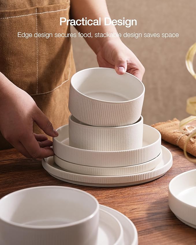 Famiware Star Dinnerware Set with Mugs, Service for 4 (16pcs), Ribbed Stoneware Plates and Bowls Dishes Sets - Chip & Scratch Resistant, Microwave & Dishwasher Safe, Matte White