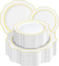 WDF 100PCS White and Gold Plastic Plates - Gold Disposable Plates - Include 50 Dinner & 50 Dessert Plate for Party - Heavy Duty Fancy Plastic Plate for Wedding/Bridal shower