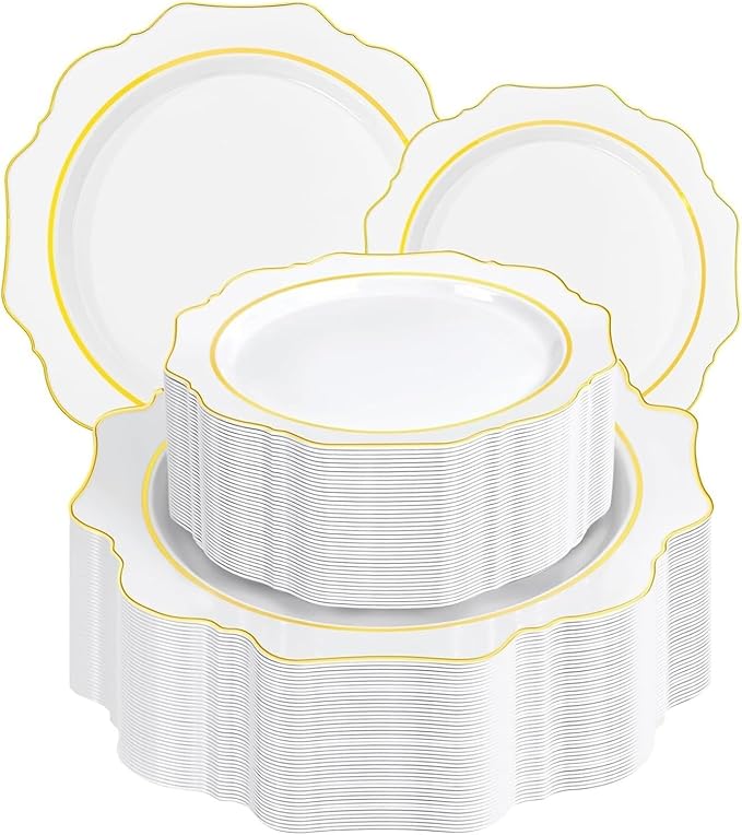 WDF 100PCS White and Gold Plastic Plates - Gold Disposable Plates - Include 50 Dinner & 50 Dessert Plate for Party - Heavy Duty Fancy Plastic Plate for Wedding/Bridal shower