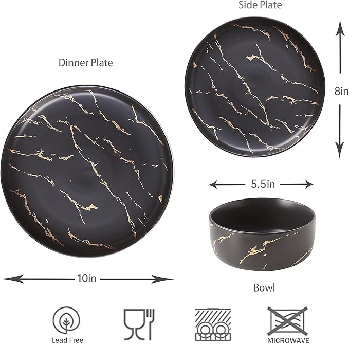 Pokini Black Gold Splash Dinnerware Sets, Marble Porcelain Plates and Bowls Sets, Modern Luxury Dish Set for 4, 12 Pieces Fine China Plates Set for Formal Dinners and Anniversaries