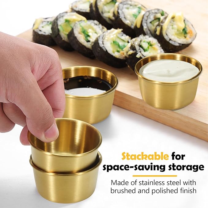 Huakaile 9 Pcs 2 oz Stainless Steel Dipping Sauce Cup, Mini Dip Bowls, Reusable Metal Condiment Cups Ramekins Containers for Ketchup Dressing Home Party Restaurant Kitchen (9PCS Gold)