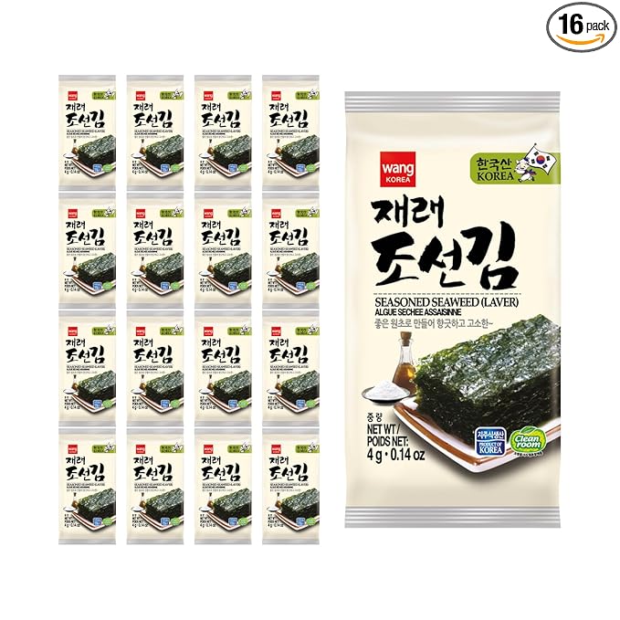 Wang Korean Seaweed Snacks Original - Crispy Roasted Seaweed Sheets, Healthy Sea Weed Snack, Keto, Vegan, Gluten-Free - Pack of 16