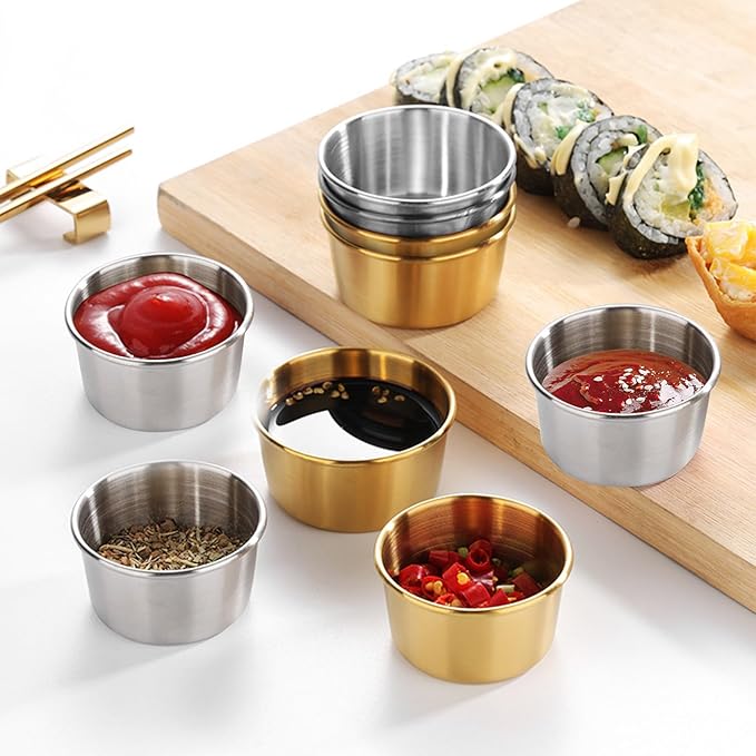 Huakaile 9 Pcs 2 oz Stainless Steel Dipping Sauce Cup, Mini Dip Bowls, Reusable Metal Condiment Cups Ramekins Containers for Ketchup Dressing Home Party Restaurant Kitchen (9PCS Gold)
