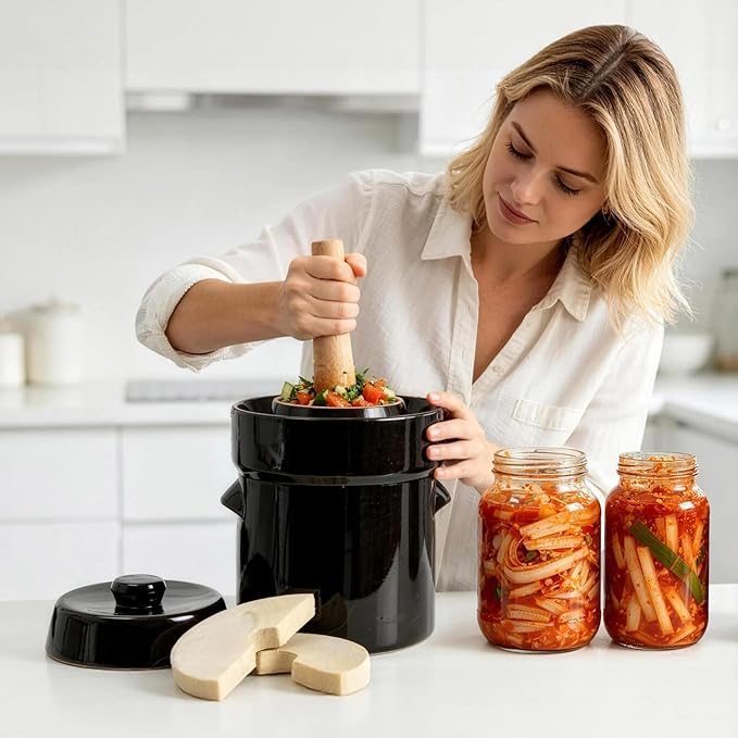 Seeutek Fermentation Crock Jar 1/2 Gallon - Sauerkraut Crock with Lid, Weights & Pounder, Stoneware Pickle Pot for Pickling Kimchi, Pickles, Vegetables, Kombucha, 2 Liter Ceramic Fermenting Crock Kit