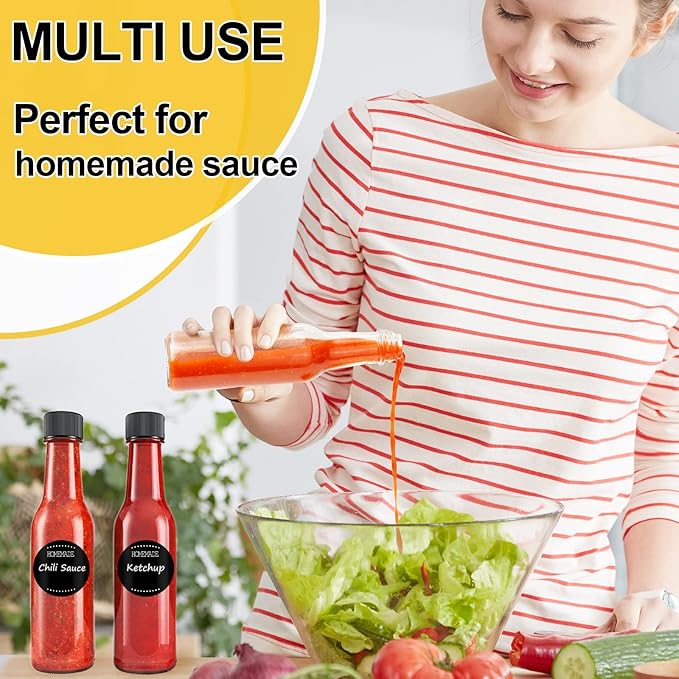 gmisun Hot Sauce Bottles 5 oz, 24 Pack Vanilla Extract Bottles with Shrink Capsules, Glass Woozy Bottle with Labels, Funnel, Caps, Dripper Inserts, for Homemade Hot Sauces, Dressing