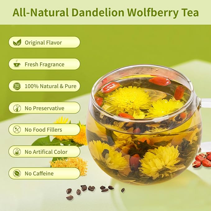 Dandelion Wolfberry Tea, Natural Kidneys & Liver Health Dandelion Root Tea with Dandelion, Wolfberry, Cassia Seed, Chrysanthemum, Licorice, Orange Peel, Gardenia (1 Pack/12 Bags)